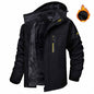Black winter jacket with flame graphic on a white background