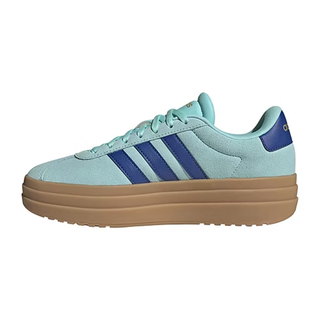 Light blue sneaker with three dark blue stripes on a white background