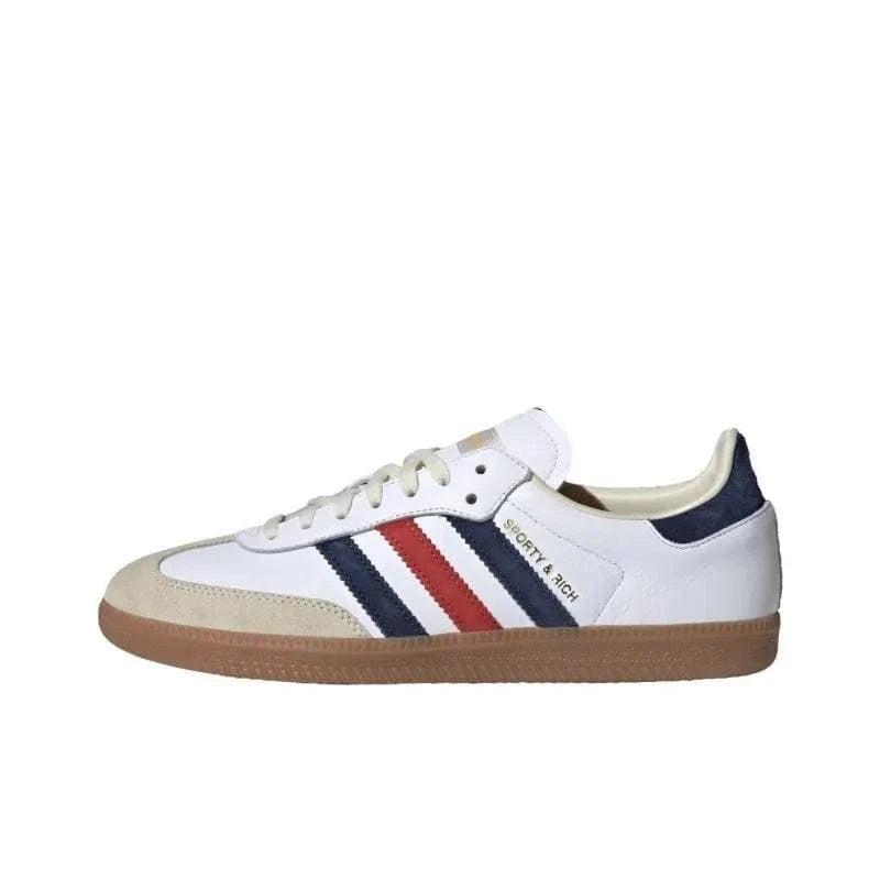 White sneaker with red and blue stripes on a white background