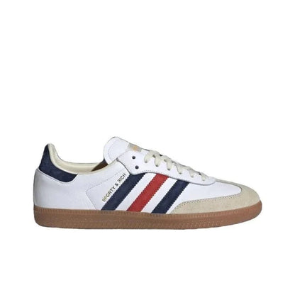 White sneaker with red and blue stripes on a white background