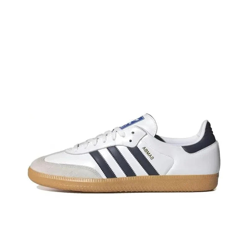 White sneaker with blue stripes and gum sole on a white background