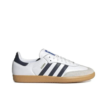 White Adidas Samba sneaker with black stripes on a white background