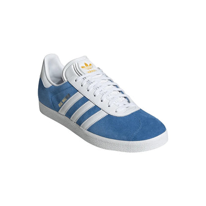 Blue and white sneaker with Adidas logo on a white background