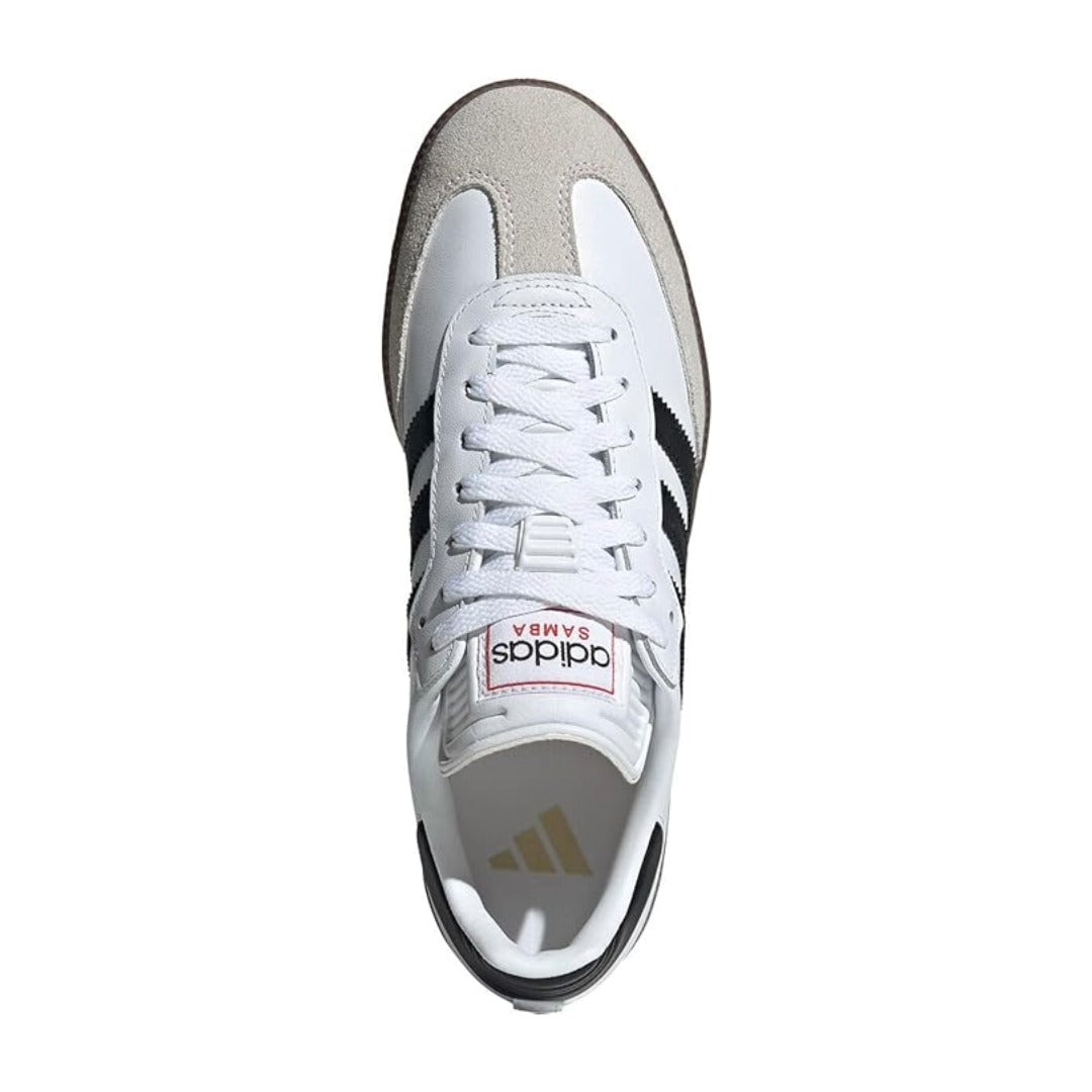 White Adidas sneaker with black accents on a white background