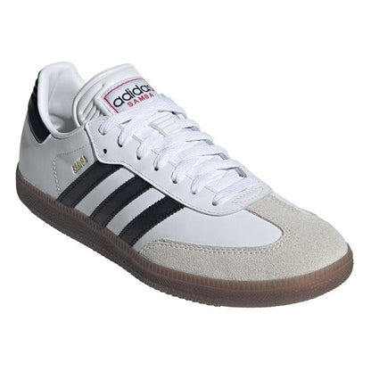 White Adidas sneaker with black stripes on a white background