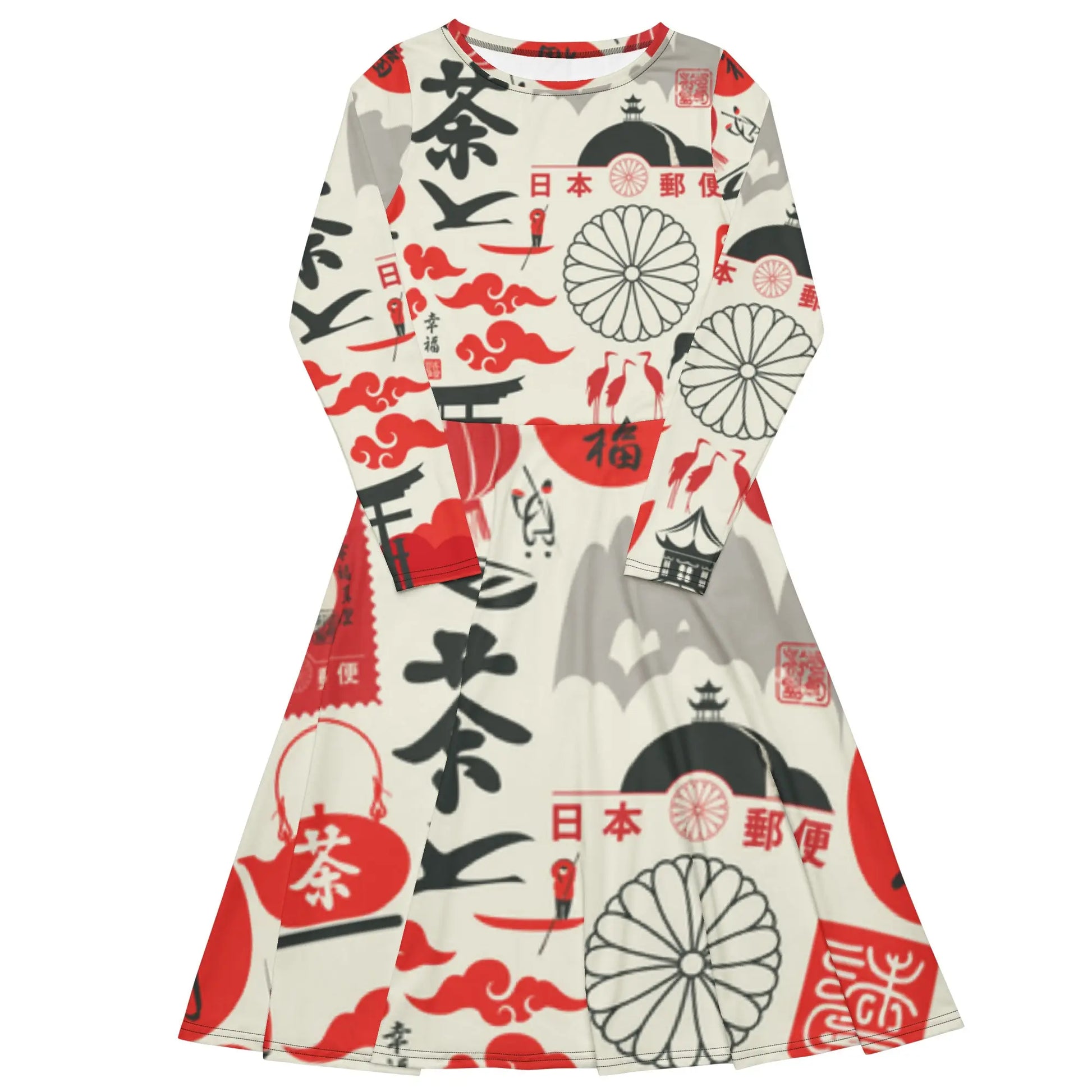 All-over print long sleeve midi dress-LifessentialsLLC.com