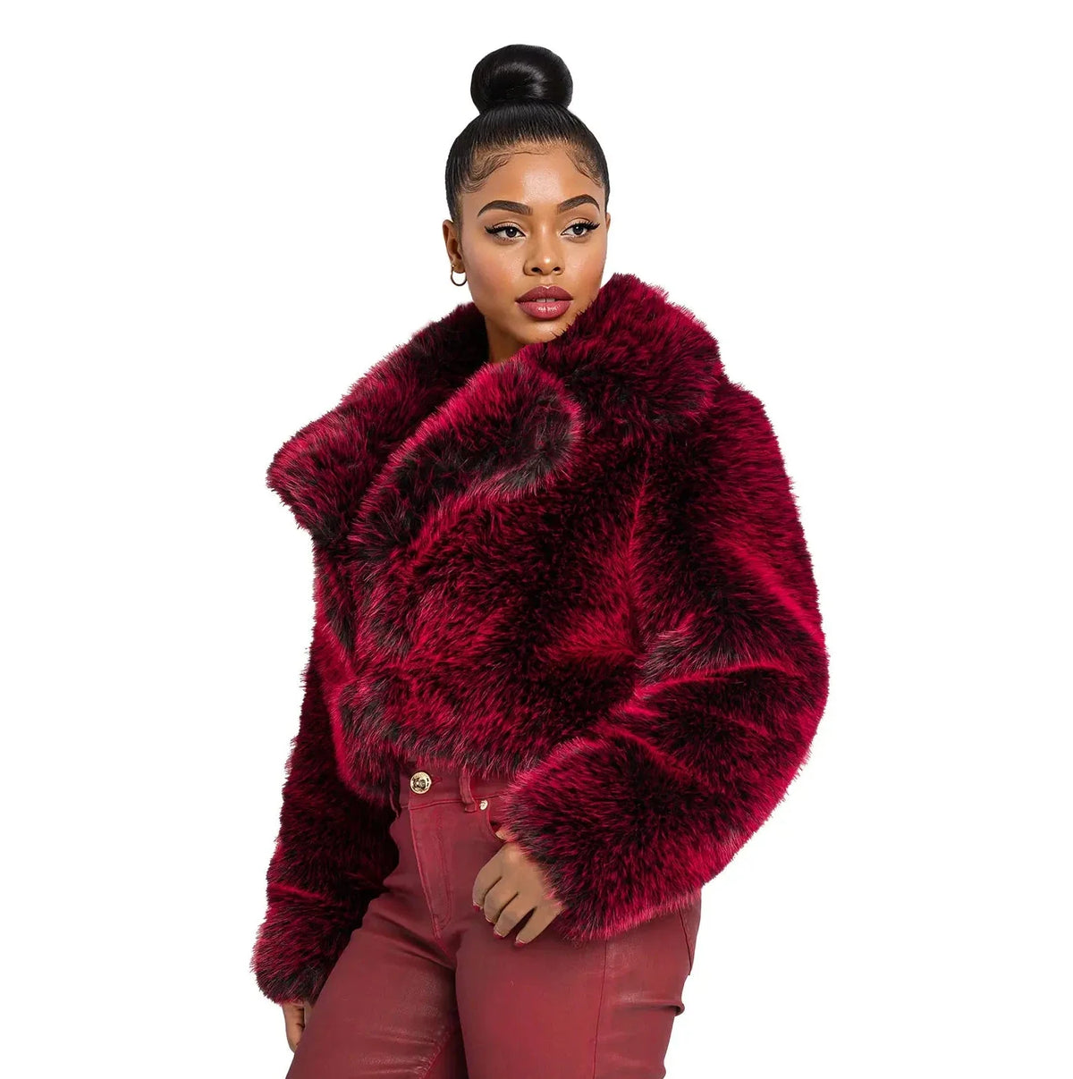Woman wearing a red fur coat on a white background