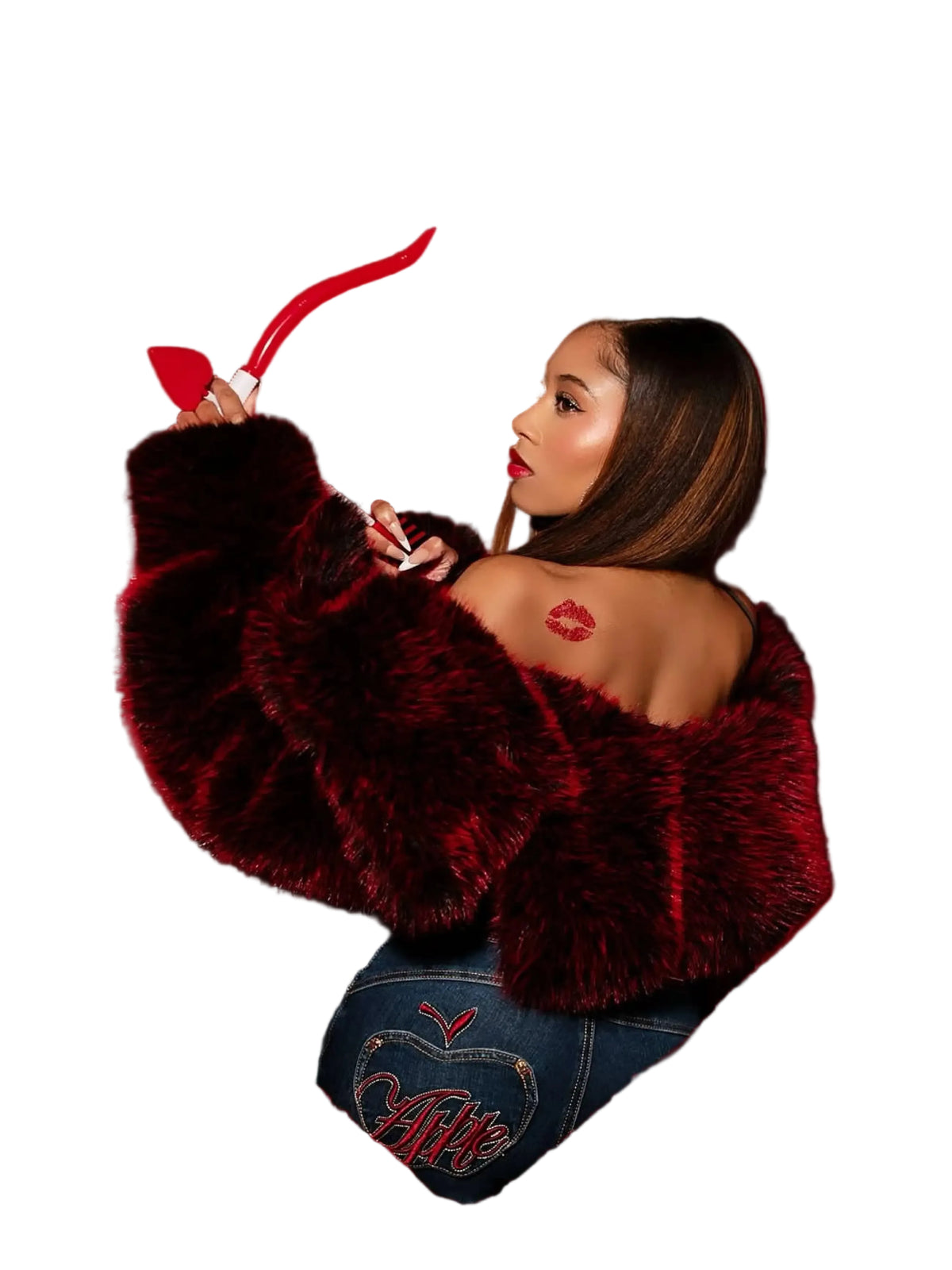 Woman in a fur coat with red lipstick mark, standing inside a heart-shaped frame on a red background