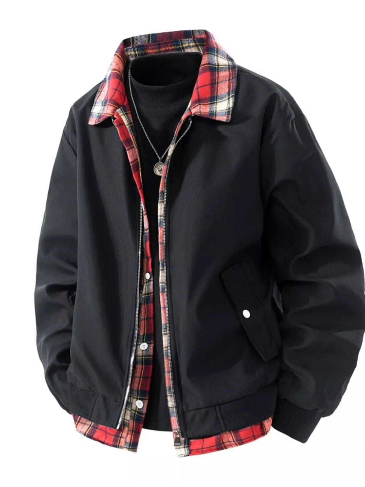 Men's Plus Size Plaid Trim Long Sleeve Jacket