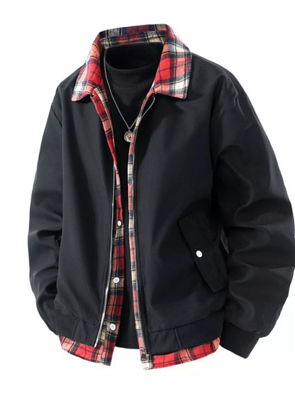 Men's Plus Size Plaid Trim Long Sleeve Jacket