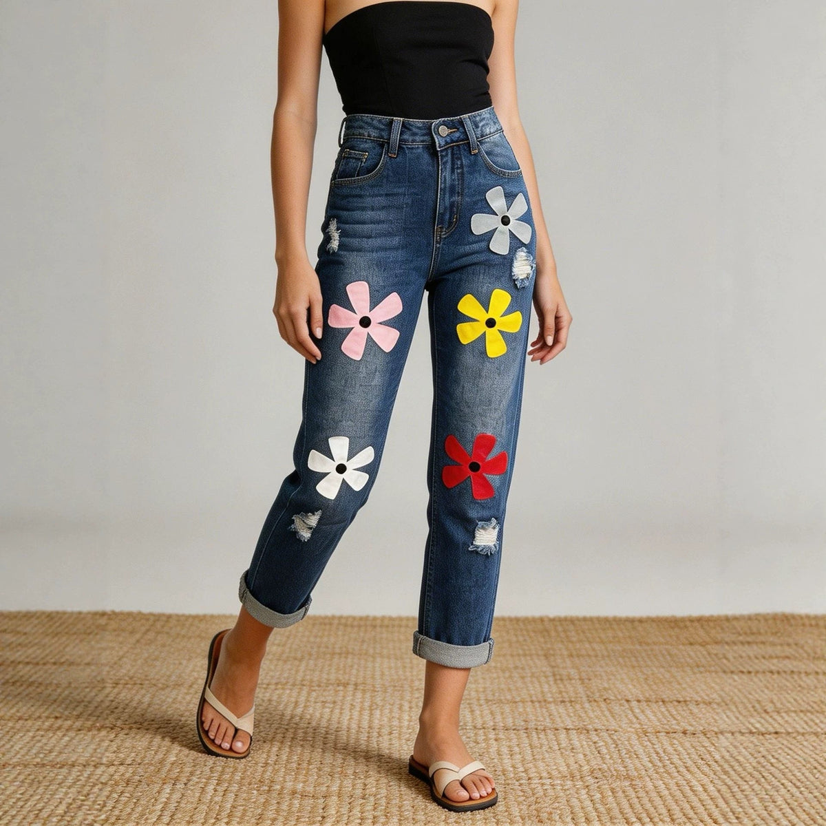 Fashionable And Versatile Womens Denim Jeans With A Dopamine Print