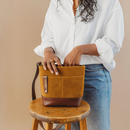 Betsy Bucket Bag | Mustard Suede + Brown Leather