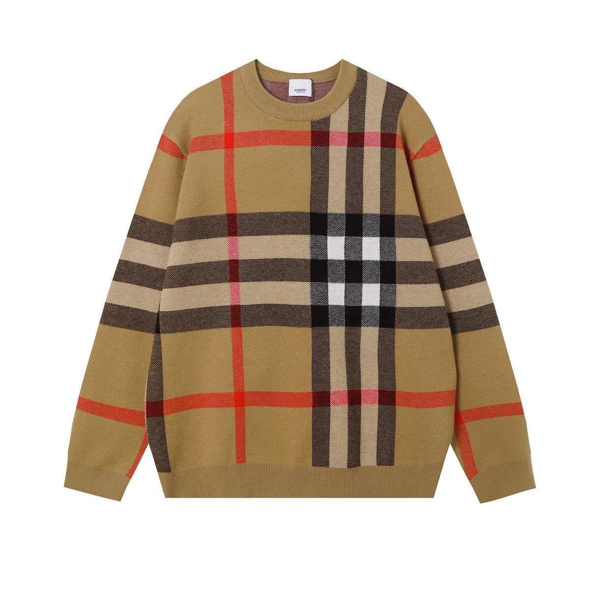A classic Burberry-style plaid crewneck sweater in camel beige, brown, black, and red, shown flat against a plain white background.