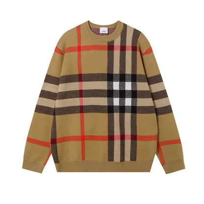 A classic Burberry-style plaid crewneck sweater in camel beige, brown, black, and red, shown flat against a plain white background.