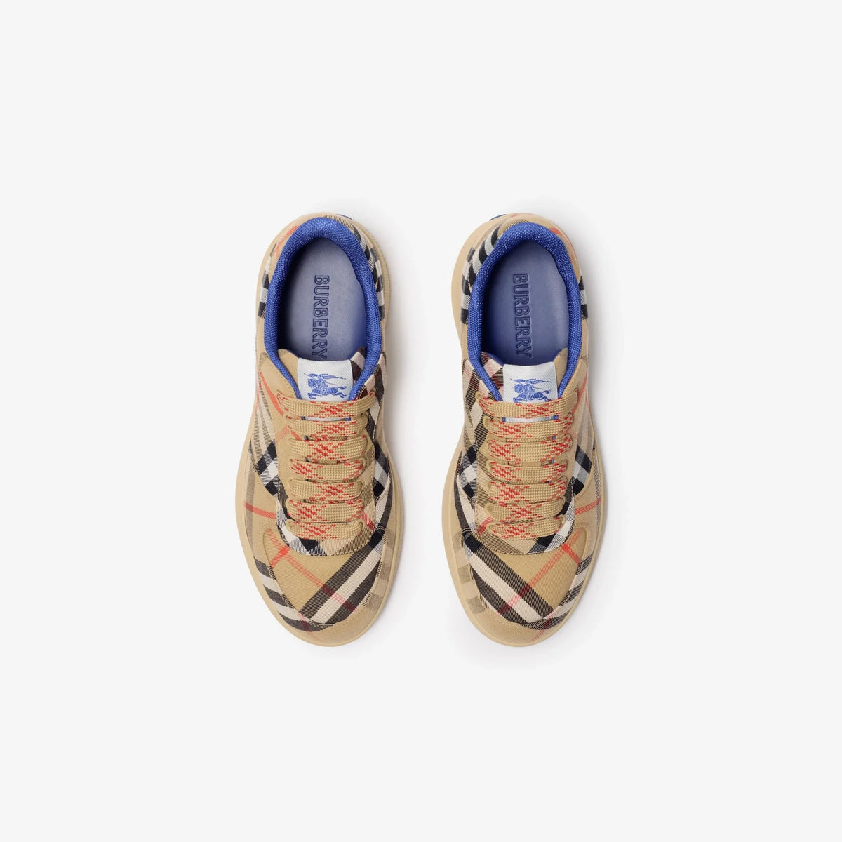 Pair of Burberry check-patterned sneakers on a white background