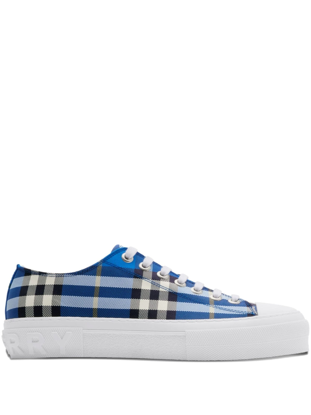 Blue plaid sneaker with white sole on a white background
