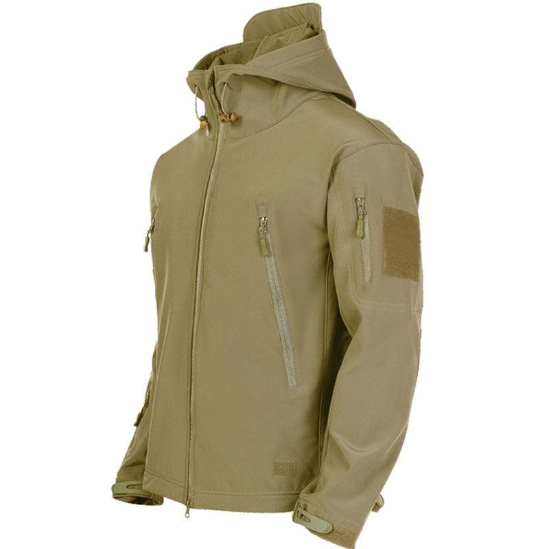 Tan tactical jacket with a hood on a white background