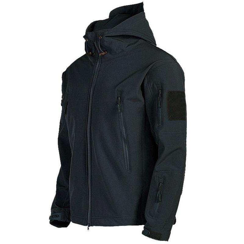 Black tactical jacket with a hood on a white background