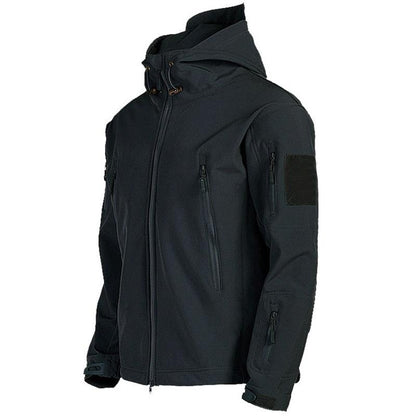 Black tactical jacket with a hood on a white background