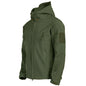 An olive green hooded tactical jacket with multiple zippered pockets and a hook-and-loop patch panel on the upper sleeve, shown against a plain white background.