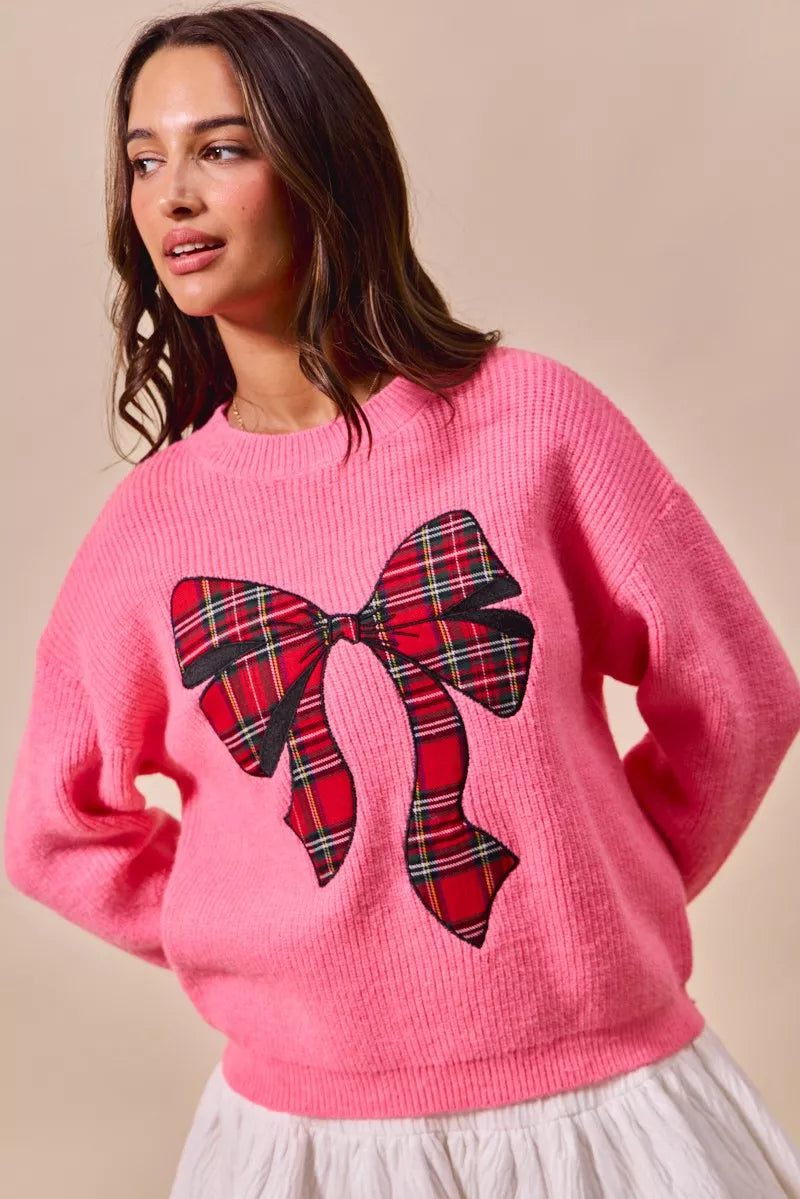 SO ME Checker Plaid Ribbon Christmas Holiday Sweater