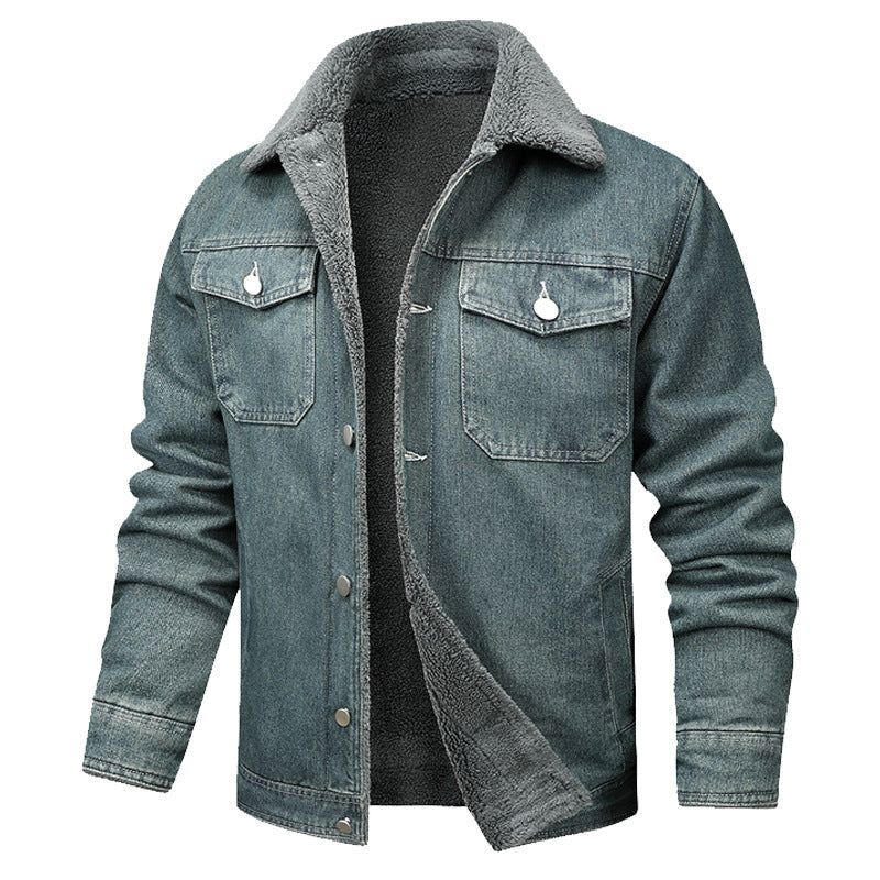 Denim jacket with fleece lining on a white background