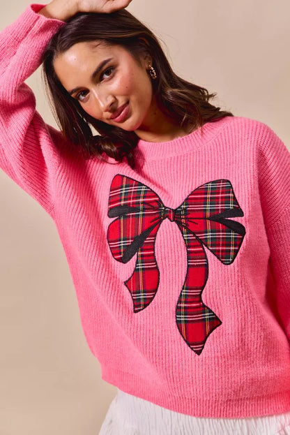 SO ME Checker Plaid Ribbon Christmas Holiday Sweater