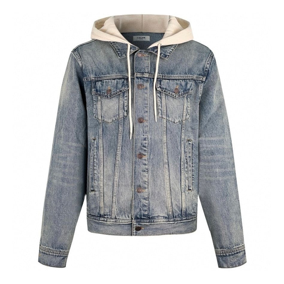 Denim jacket with a white hood on a white background