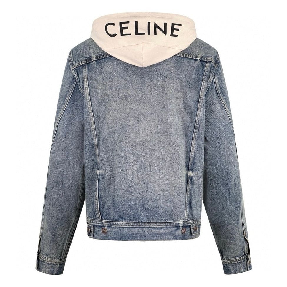 Blue denim jacket with a cream hood featuring 'CELINE' branding on a white background