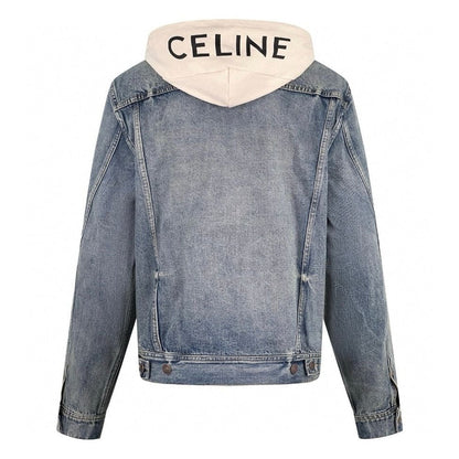 Blue denim jacket with a cream hood featuring 'CELINE' branding on a white background