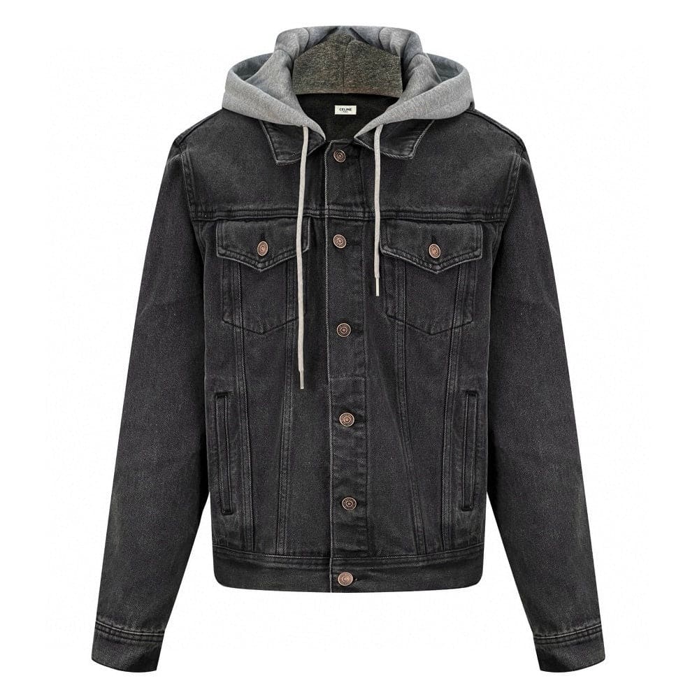 Black denim jacket with gray hoodie on a white background