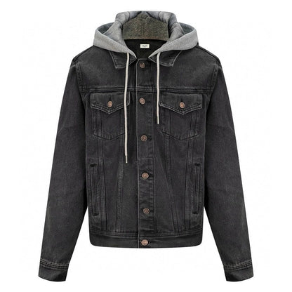 Black denim jacket with gray hoodie on a white background