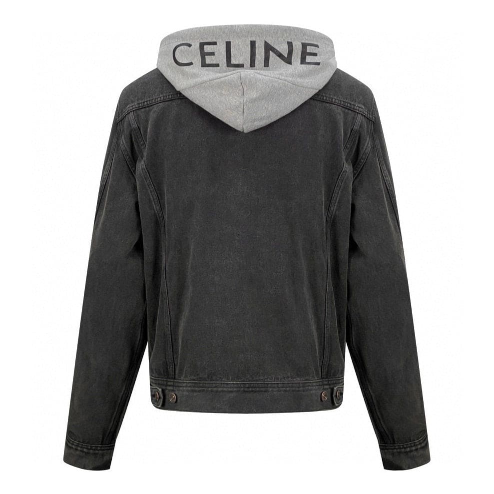 A dark gray washed denim jacket with a light gray hood featuring the brand name 'CELINE' printed in black across the back, shown against a plain white background.