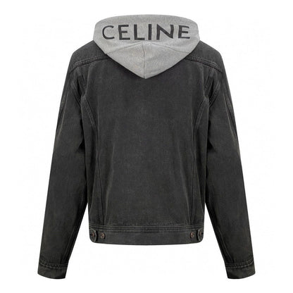A dark gray washed denim jacket with a light gray hood featuring the brand name 'CELINE' printed in black across the back, shown against a plain white background.