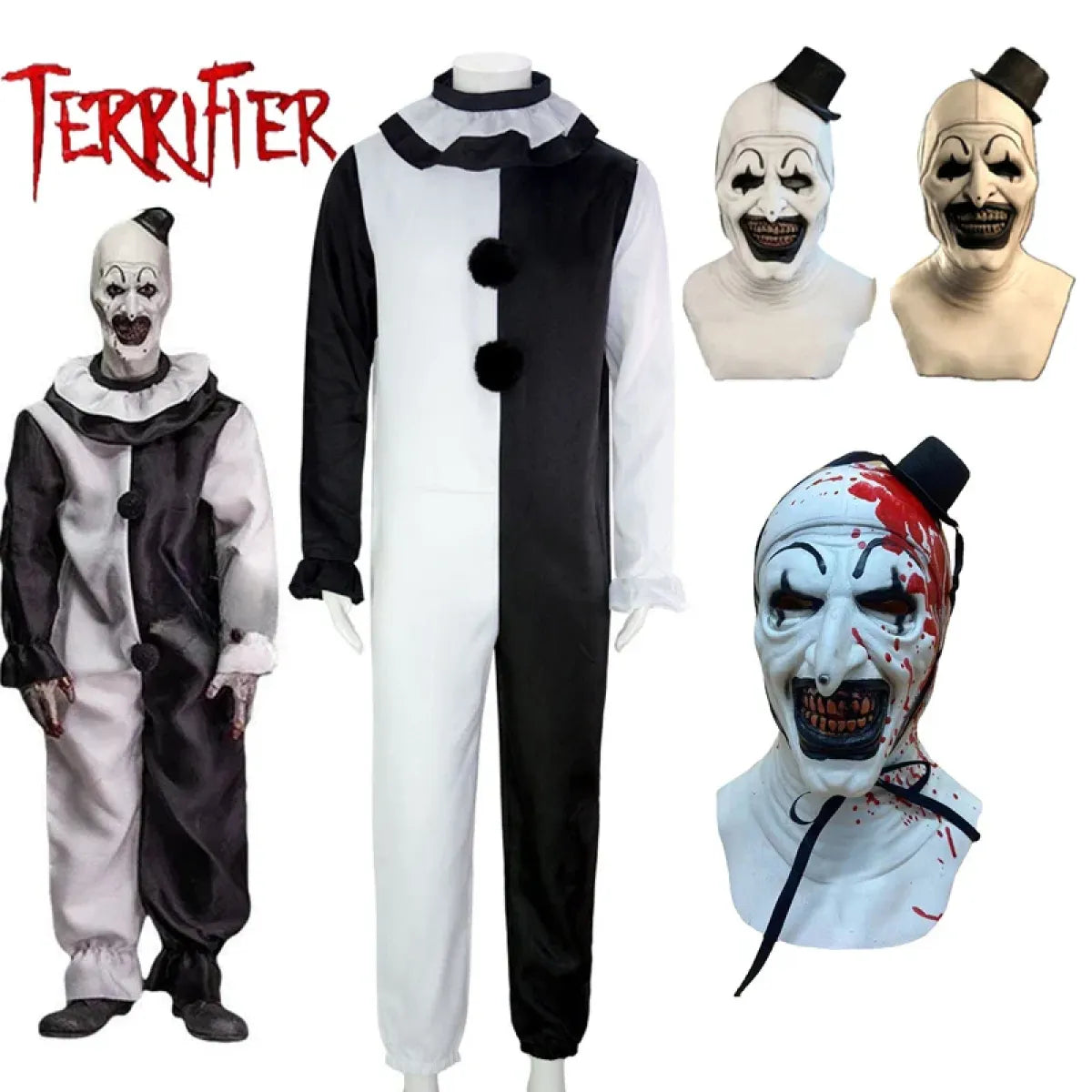 Horror clown costume and masks with 'Terrifier' branding on a white background