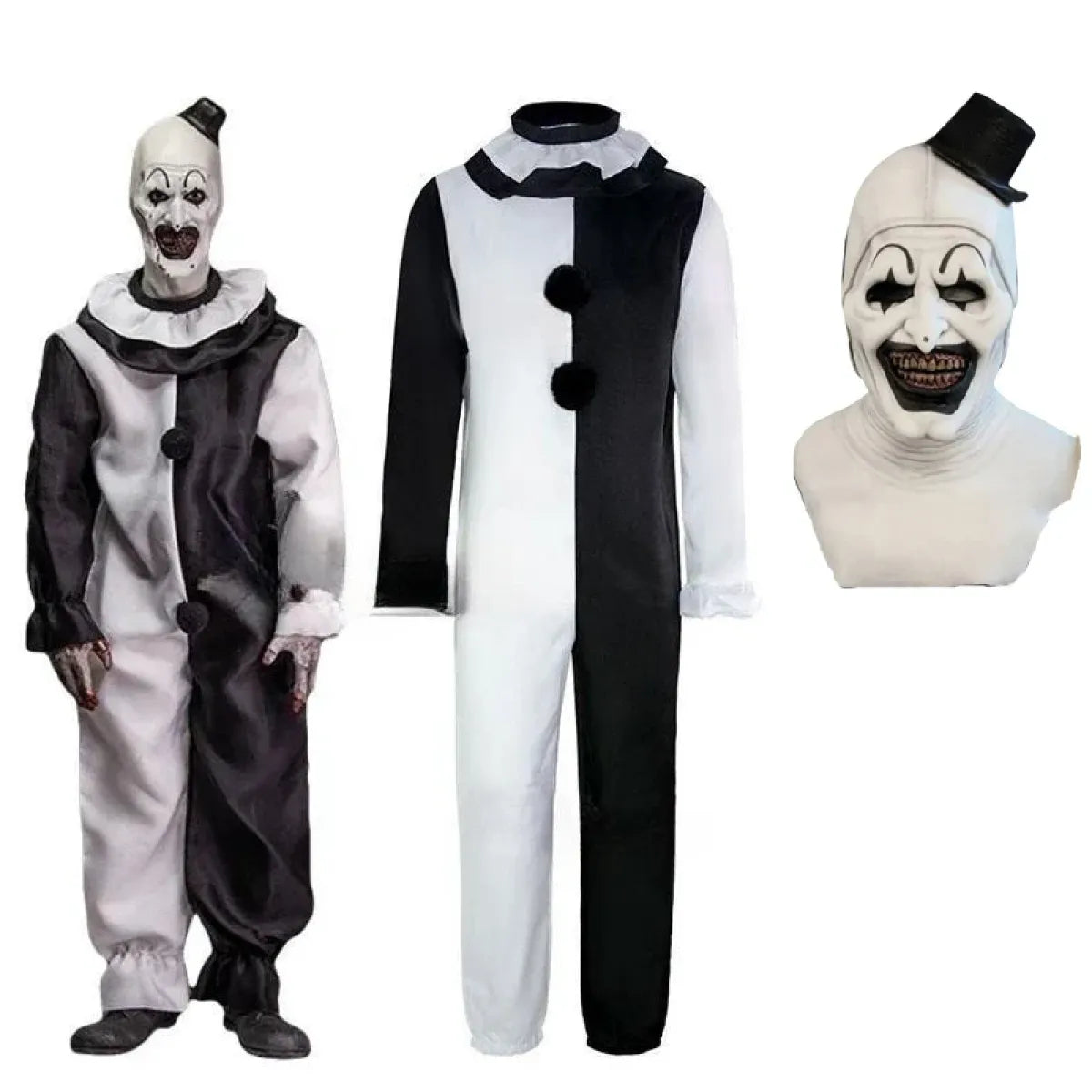 Clown costume with black and white outfit and mask on a white background