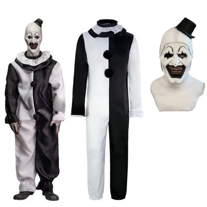 Clown costume with black and white outfit and mask on a white background