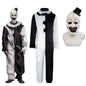 Clown costume with black and white outfit and mask on a white background