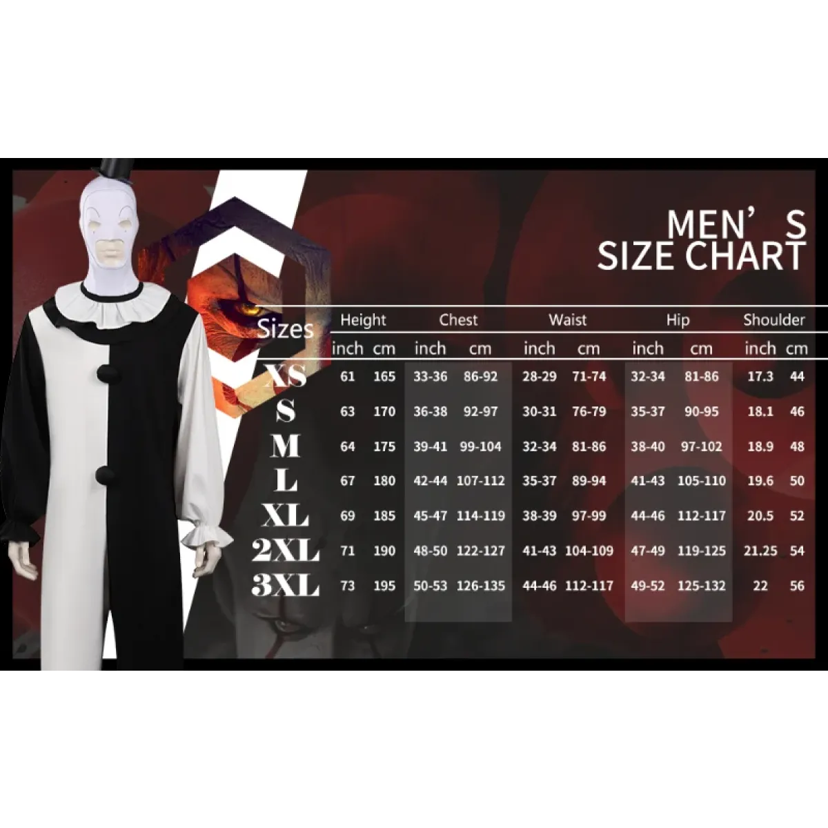 Men's size chart overlayed on a mannequin with clothing