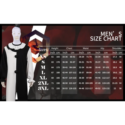 Men's size chart overlayed on a mannequin with clothing