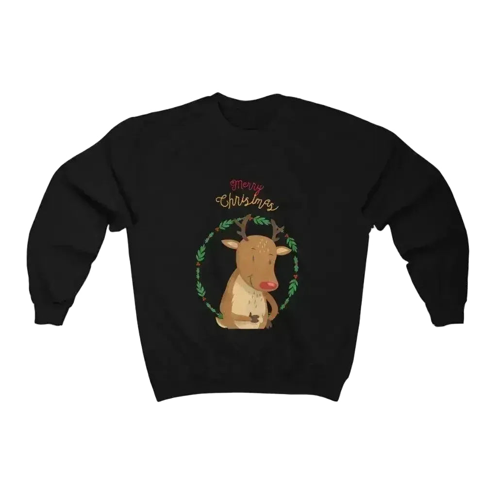 Black sweatshirt with a reindeer design and 'Merry Christmas' text on a white background
