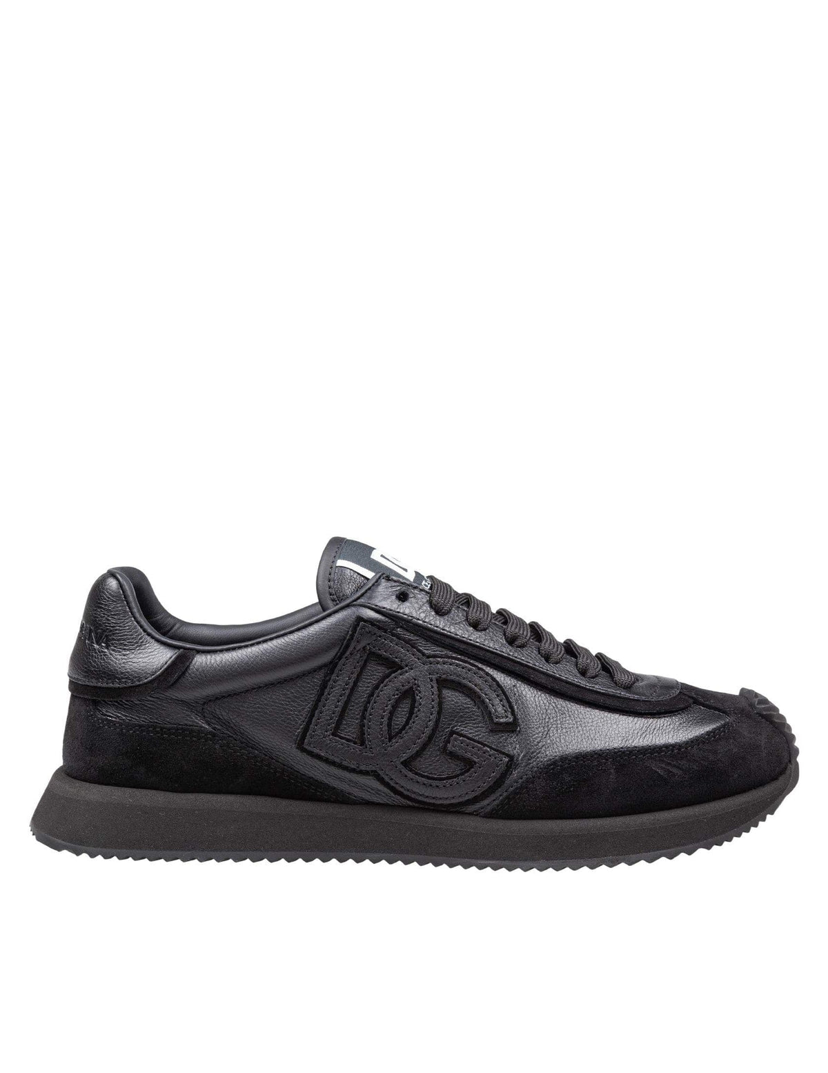 Black sneaker with a brand logo on a white background
