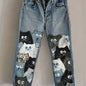 New 3D Heat-transfer Printed Flared Jeans-style Trousers In Faux Denim