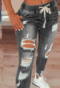 Womens Distressed Ripped Long Denim Pants High Rise Elastic Waist Drawstring Jeans