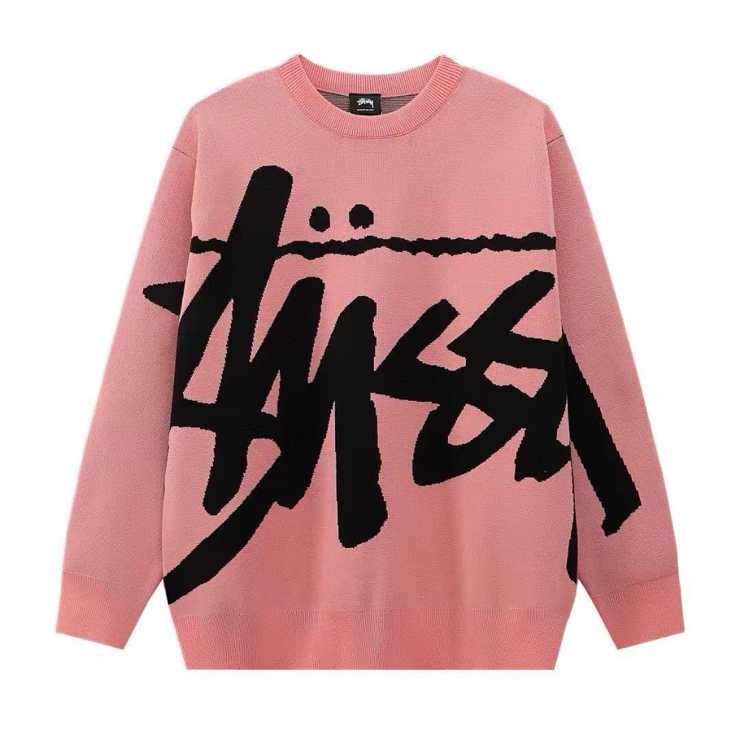 Pink sweatshirt with black logo on a white background