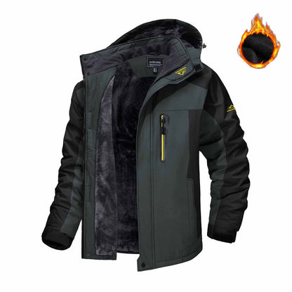 Black and gray jacket with flame icon on a white background