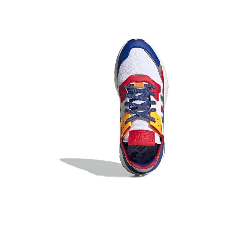 Colorful sneaker with red, blue, and yellow accents on a white background