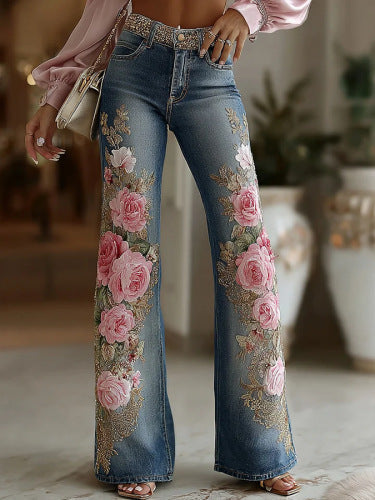 Womens Retro Printed Faux Denim Jeans