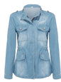 Light blue denim jacket on a white background