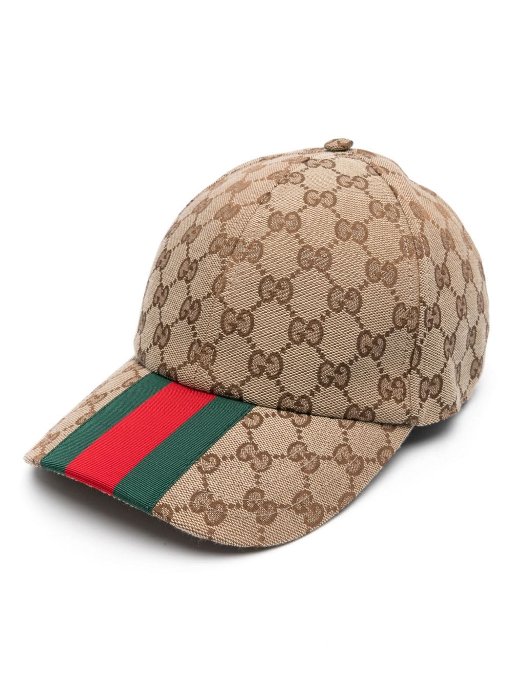 Beige cap with Gucci logo and red and green striped band on a white background